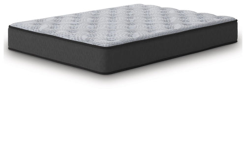 Gray mattress with quilted top and dark base, side angle view