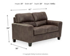 Smoke gray upholstered loveseat with tufted back cushions and padded seat, dark tapered legs