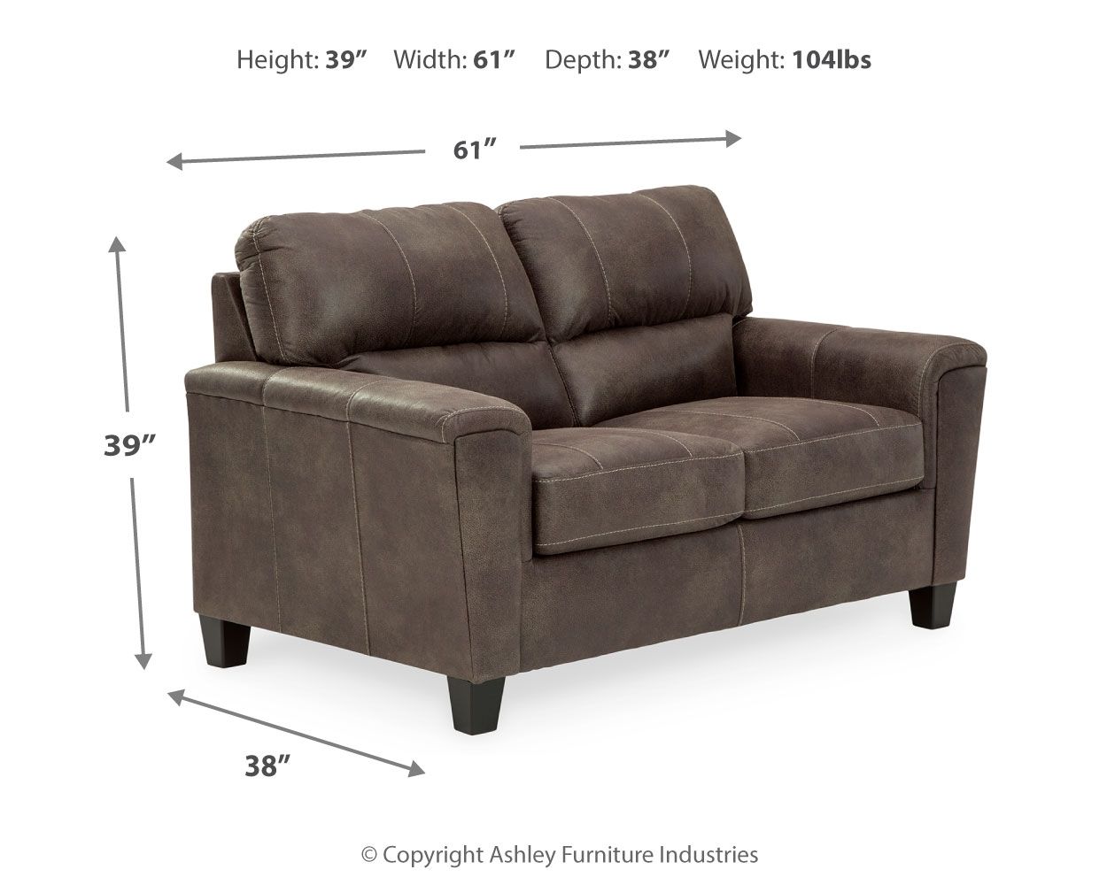 Smoke gray upholstered loveseat with tufted back cushions and padded seat, dark tapered legs