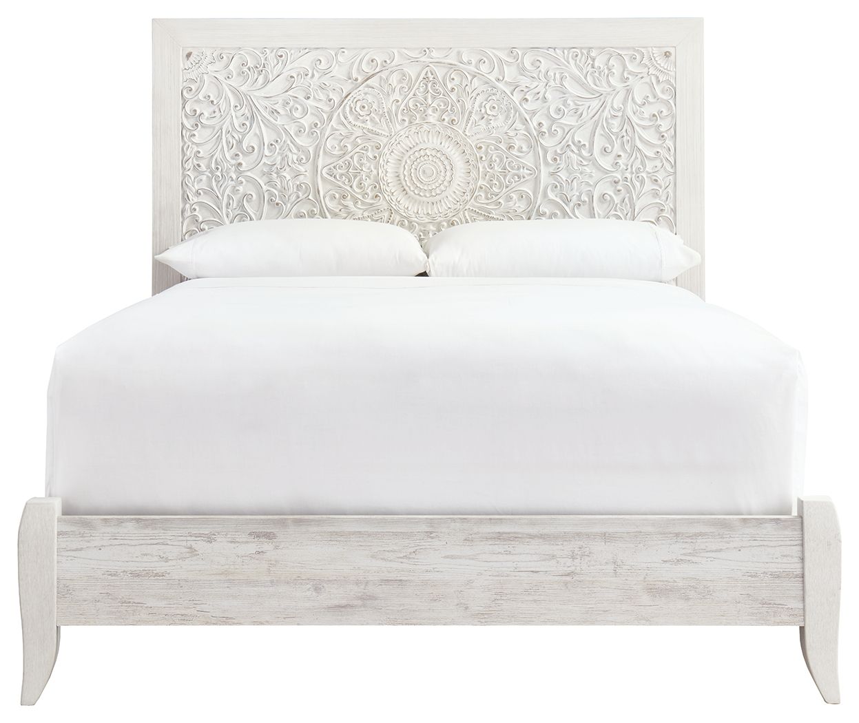 Whitewash queen panel headboard with ornate white fabric backing and upholstered bed