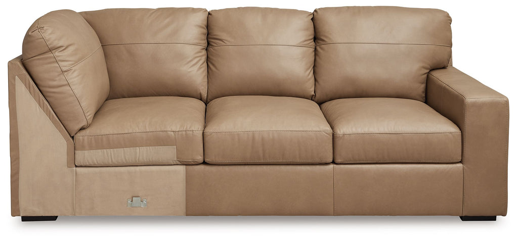 Toffee upholstered sofa with three-seat back and corner wedge side