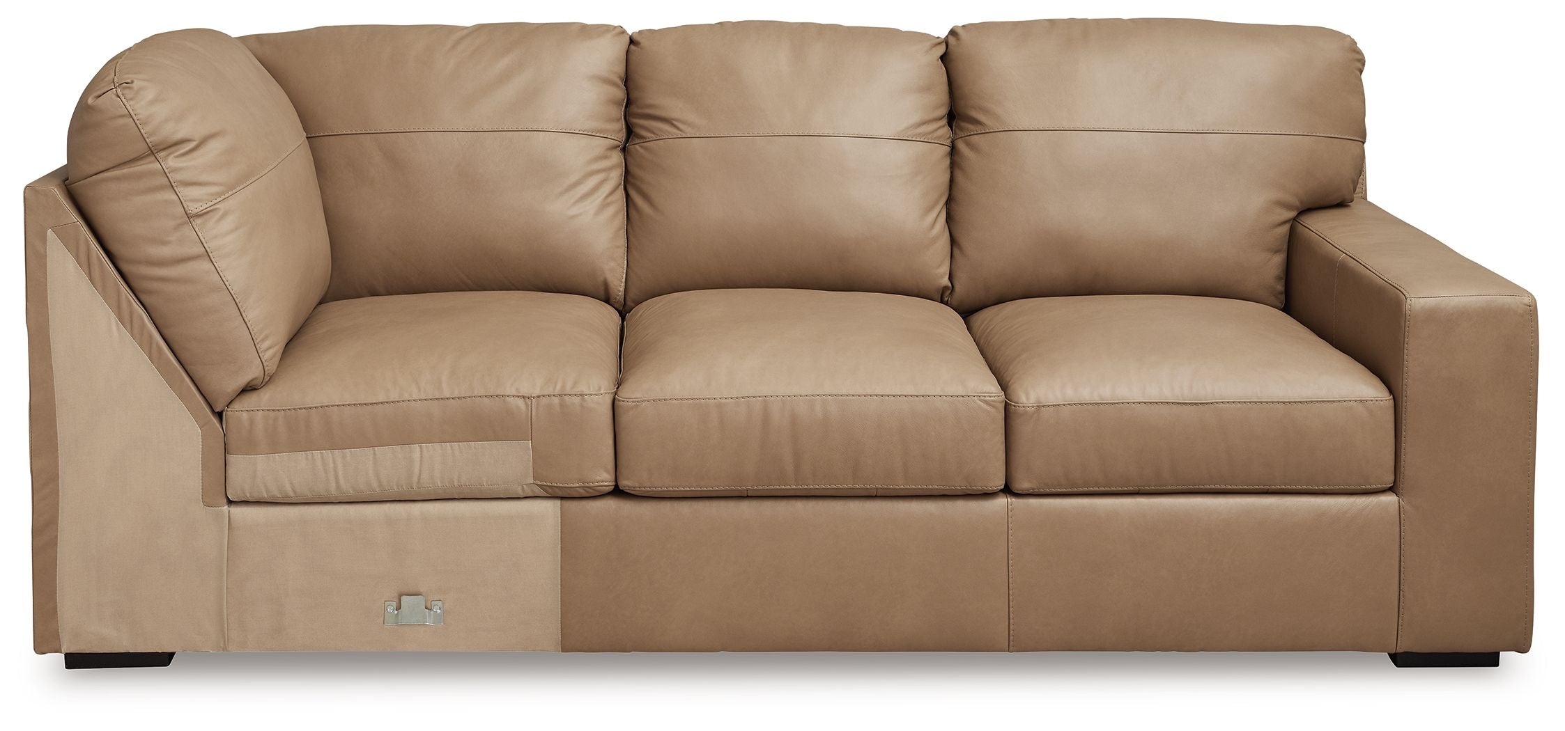 Toffee upholstered sofa with three-seat back and corner wedge side