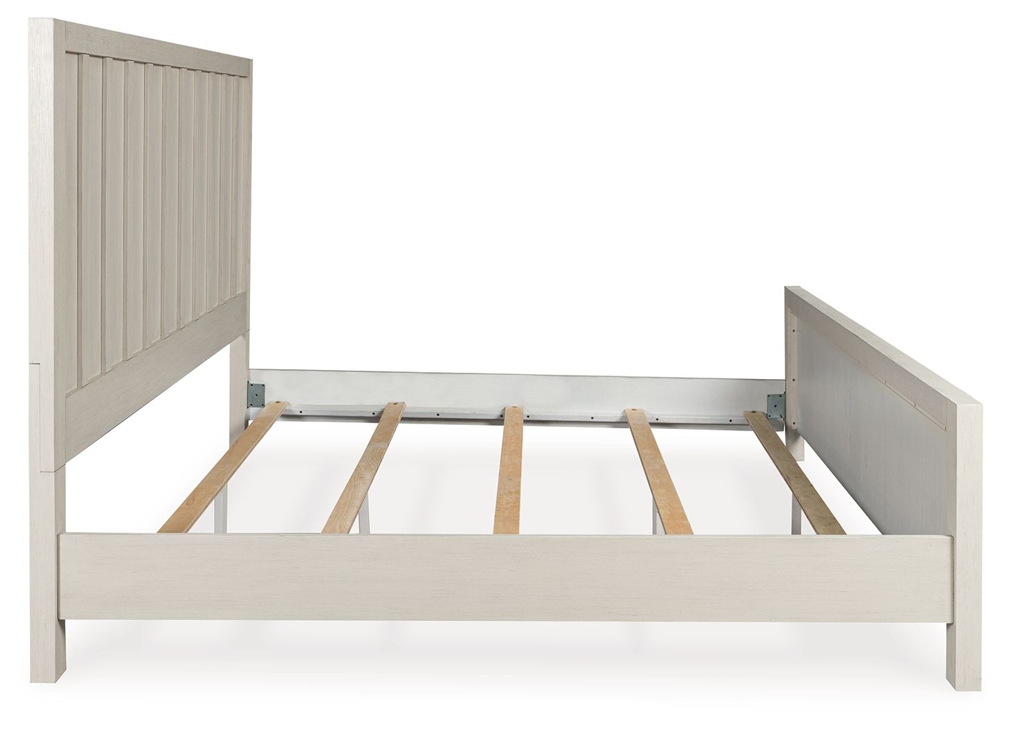 White panel bed frame with center support slats and open underside, headboard visible