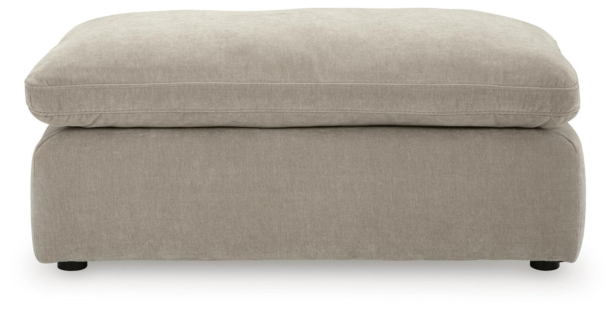 Light gray ottoman with smooth fabric upholstery and short legs