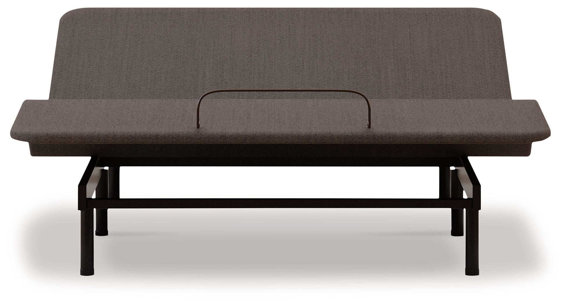 Adjustable bed base with dark upholstered head section and black frame, front view