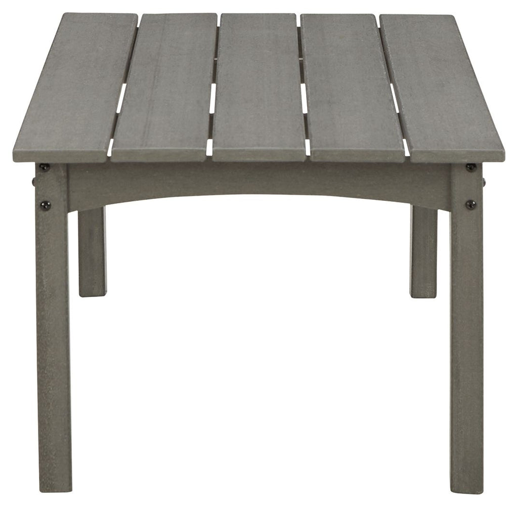 Rectangular gray cocktail table with slatted top and four tapered legs