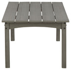 Rectangular gray cocktail table with slatted top and four tapered legs
