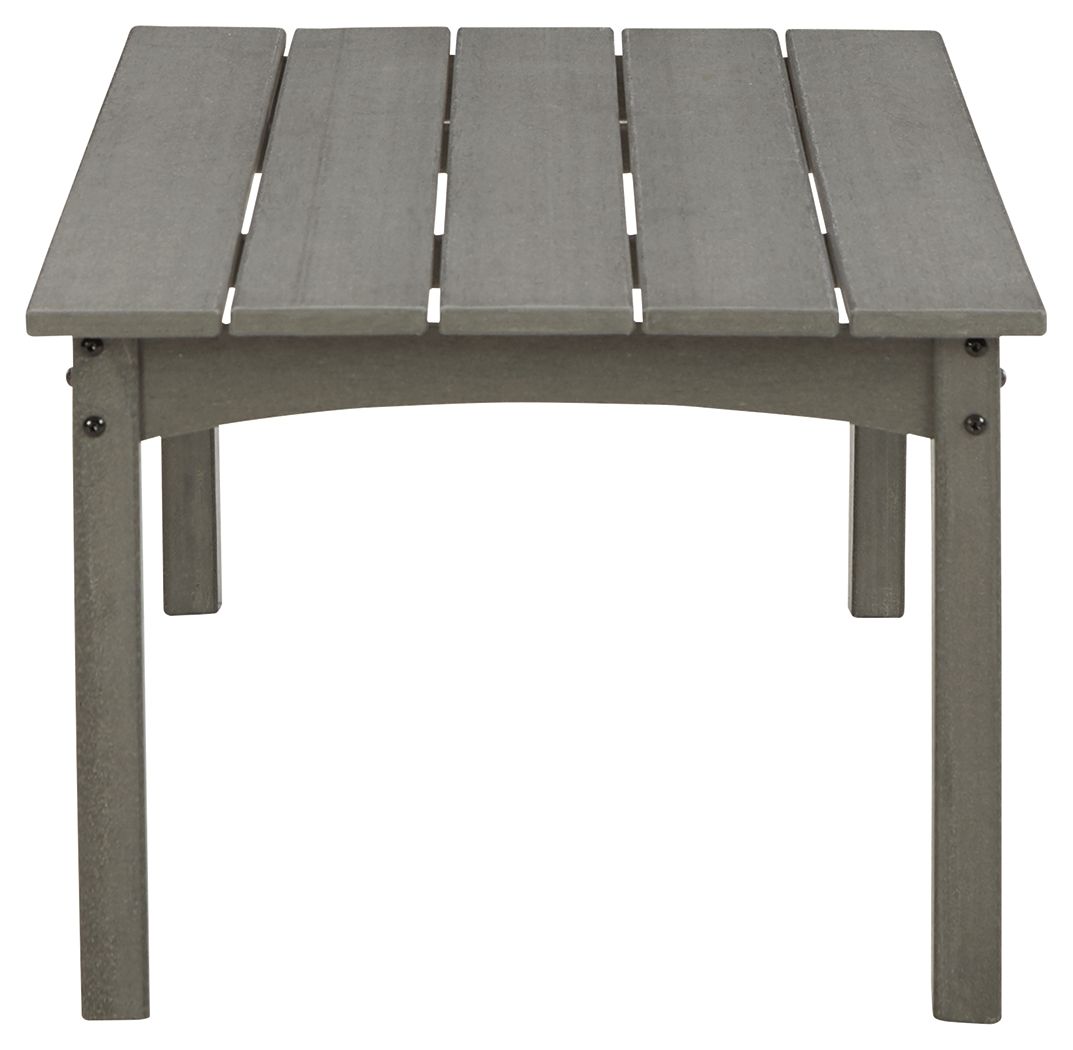Rectangular gray cocktail table with slatted top and four tapered legs