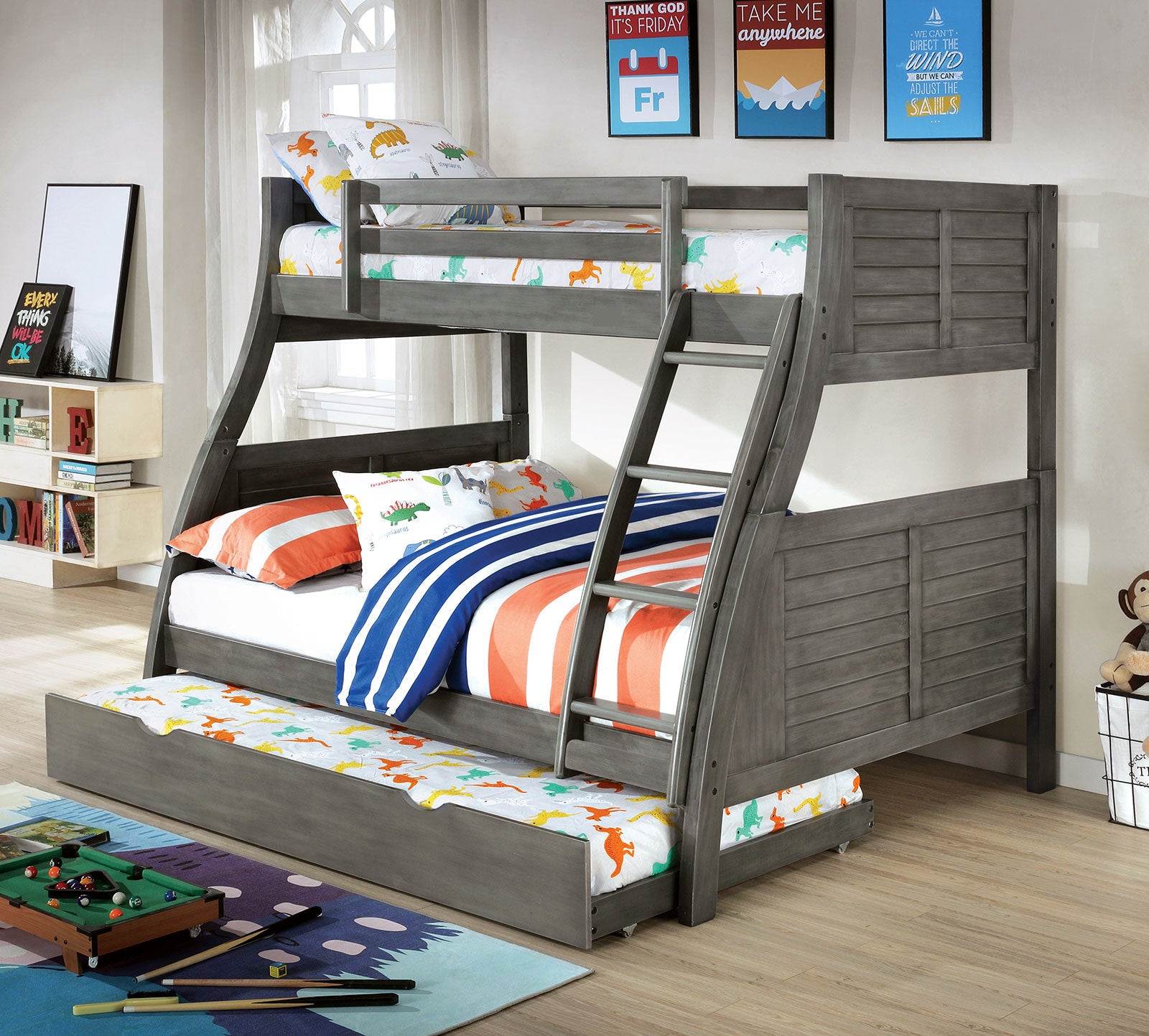 Gray Transitional Twin/Full Bunk Bed with Trundle & Ladder