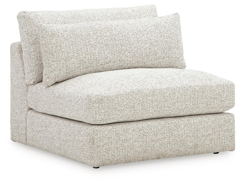 Armless chair in light speckled fabric, boxy seat and back, dark feet
