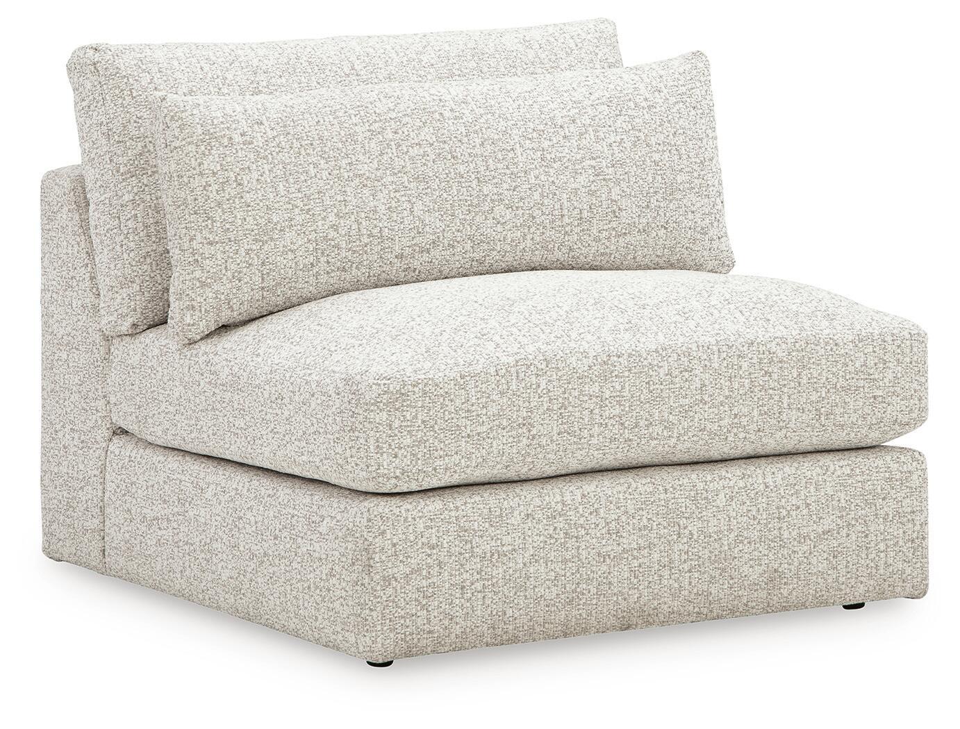 Armless chair in light speckled fabric, boxy seat and back, dark feet