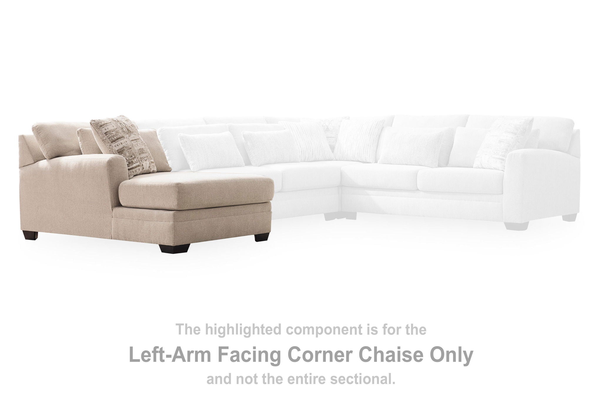 Beige LAF corner chaise with short arm and armless chaise extension, plush upholstery