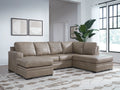 Beige sectional sofa with chaise extension and deep seat cushions