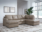 Beige sectional sofa with chaise extension and deep seat cushions