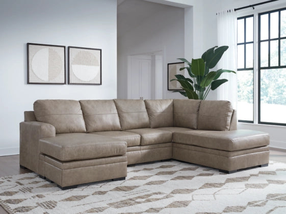 Beige sectional sofa with chaise extension and deep seat cushions