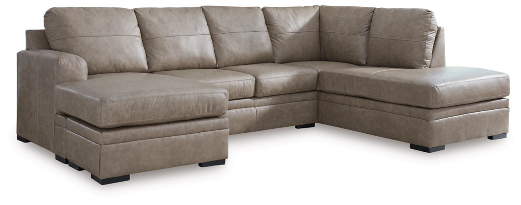 Beige sectional sofa with chaise extension, square arms, and clean profile