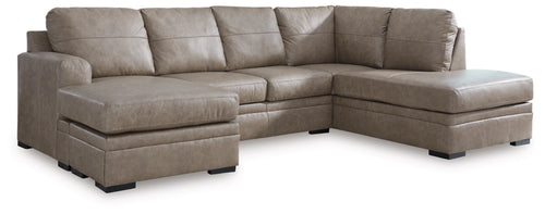 Beige sectional sofa with chaise extension, square arms, and clean profile
