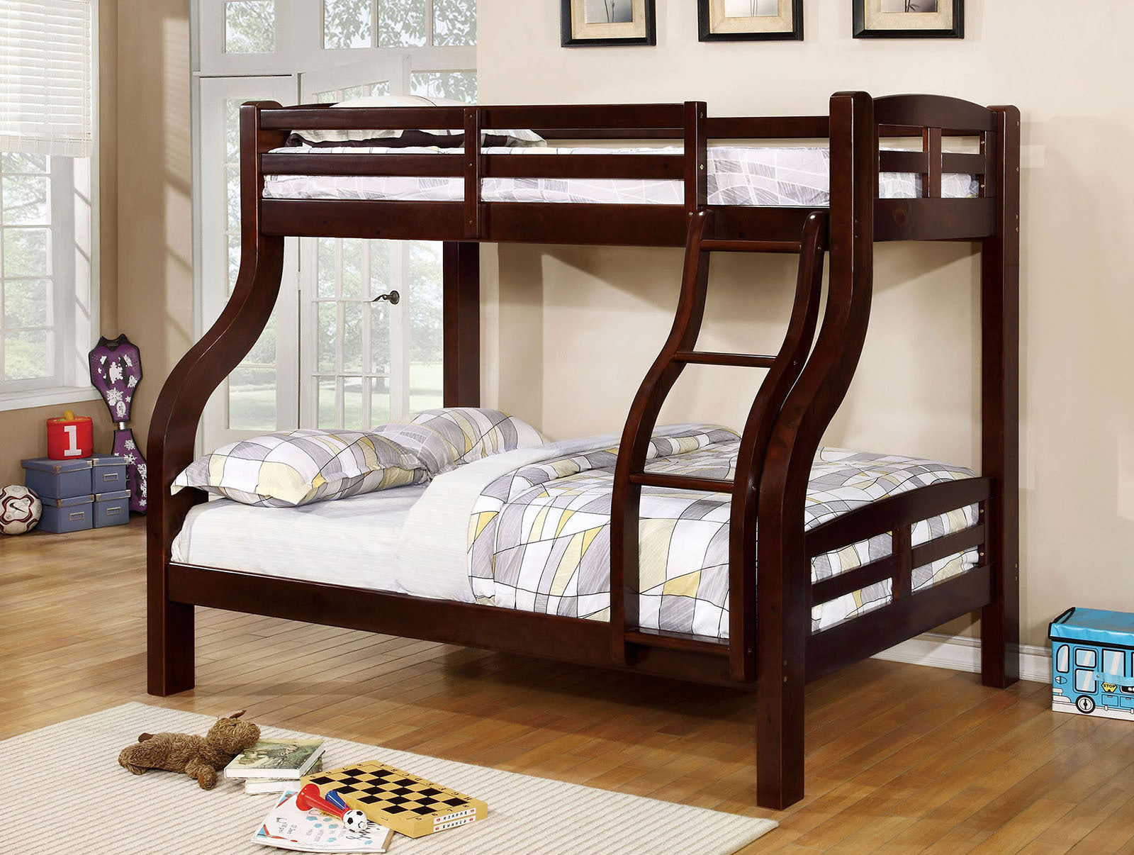 Espresso Twin Over Full Bunk Bed with Curved Ladder & Rails