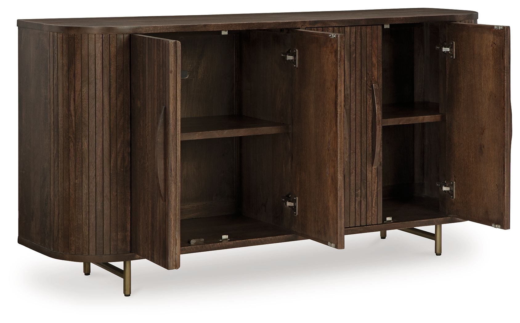 Dark brown accent cabinet with two swing doors open to show interior shelves