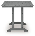 Dark gray square counter table with slatted tabletop and pedestal base