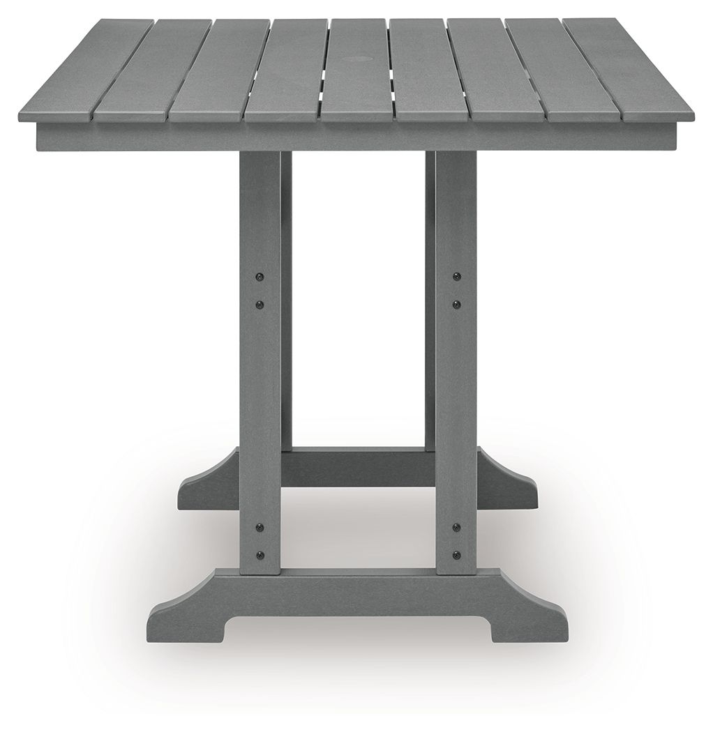Dark gray square counter table with slatted tabletop and pedestal base