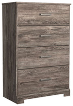 Gray wood chest of drawers with four drawers and side panel
