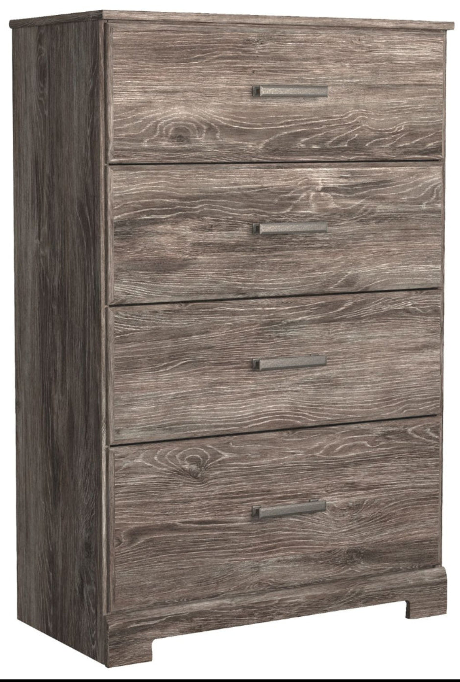 Gray wood chest of drawers with four drawers and metal bar pulls
