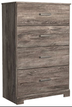Gray wood chest of drawers with four drawers and metal bar pulls