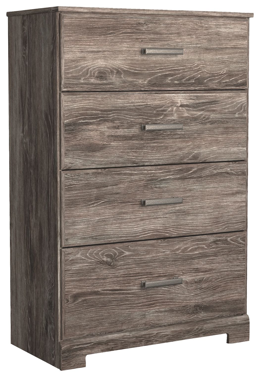 Gray wood chest of drawers with four drawers and metal bar pulls