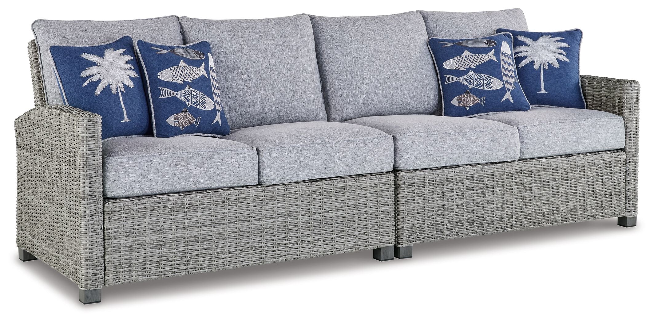 Light gray 3-seat outdoor sofa with blue patterned throw pillows