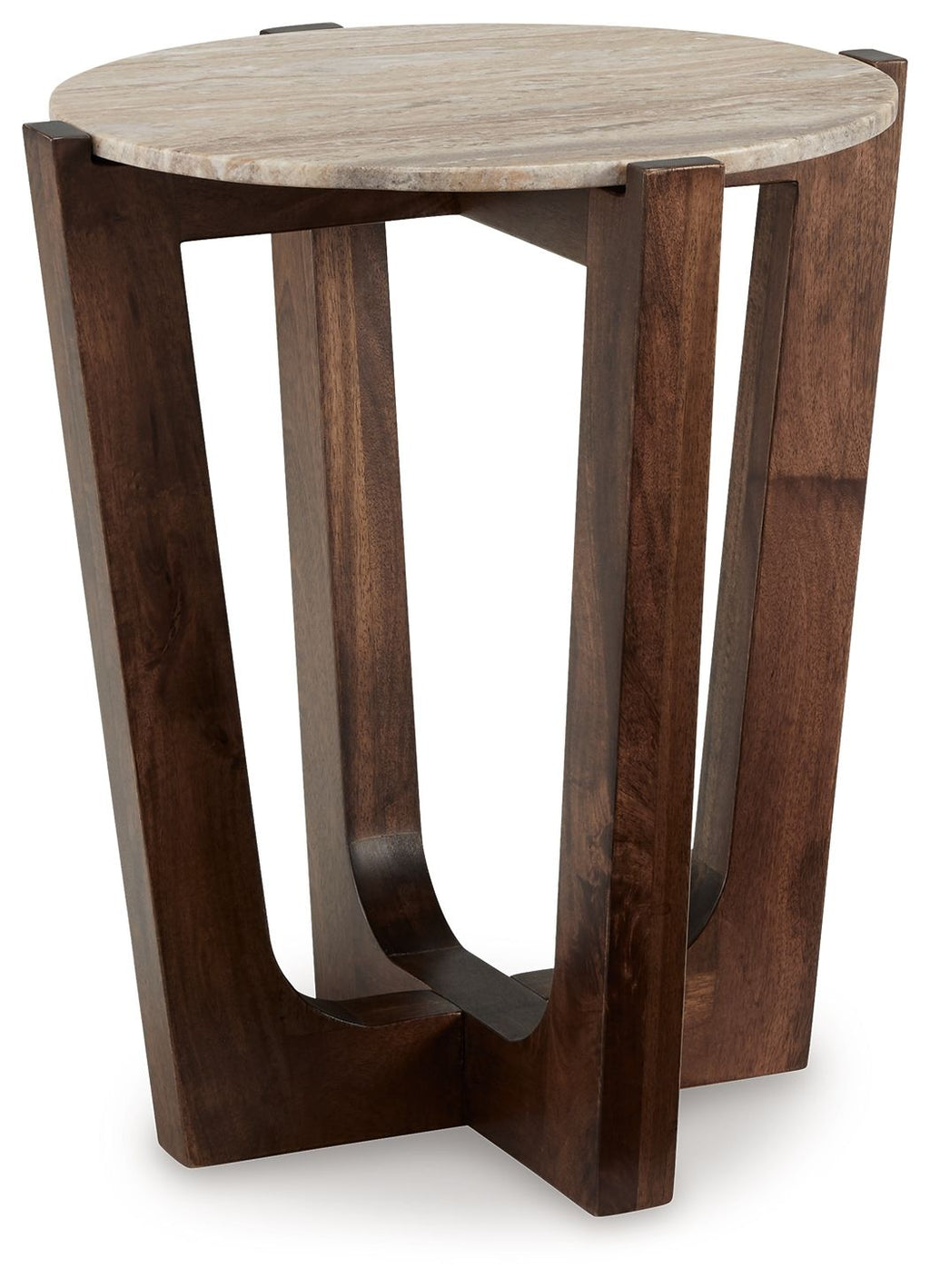 Warm brown round end table with wooden slat sides and round top