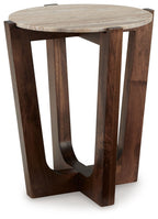 Warm brown round end table with wooden slat sides and round top