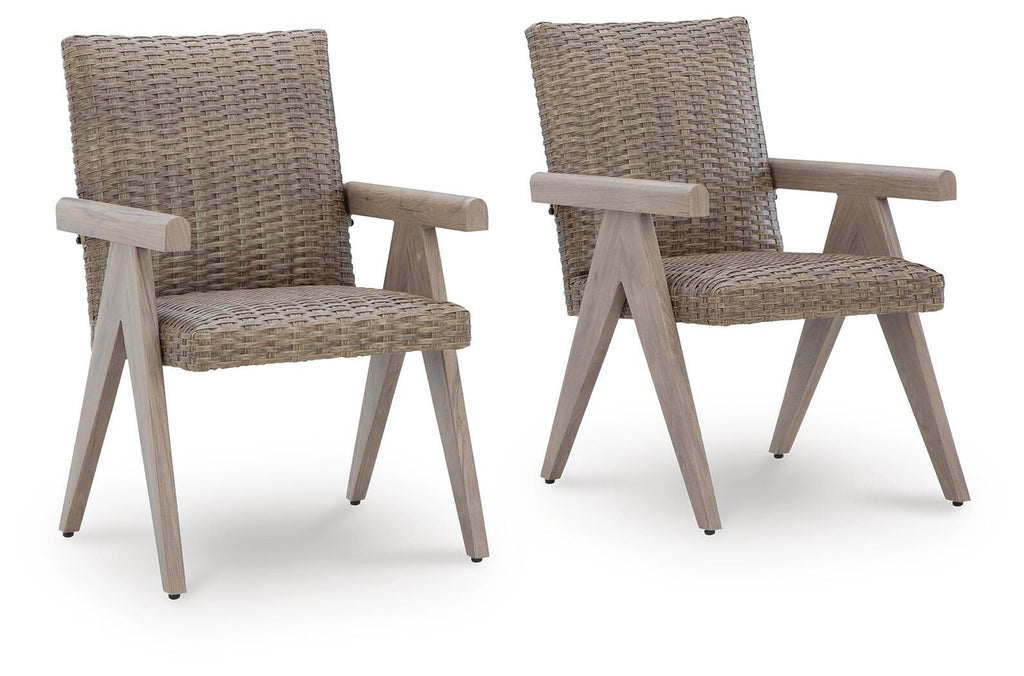 Beige woven armchairs set of 2 with light wood legs and padded armrests