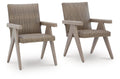 Beige woven armchairs set of 2 with light wood legs and padded armrests