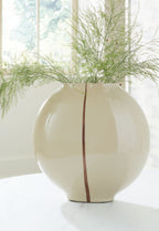 Beige ceramic vase with glossy surface and vertical brown stripe, bulbous shape