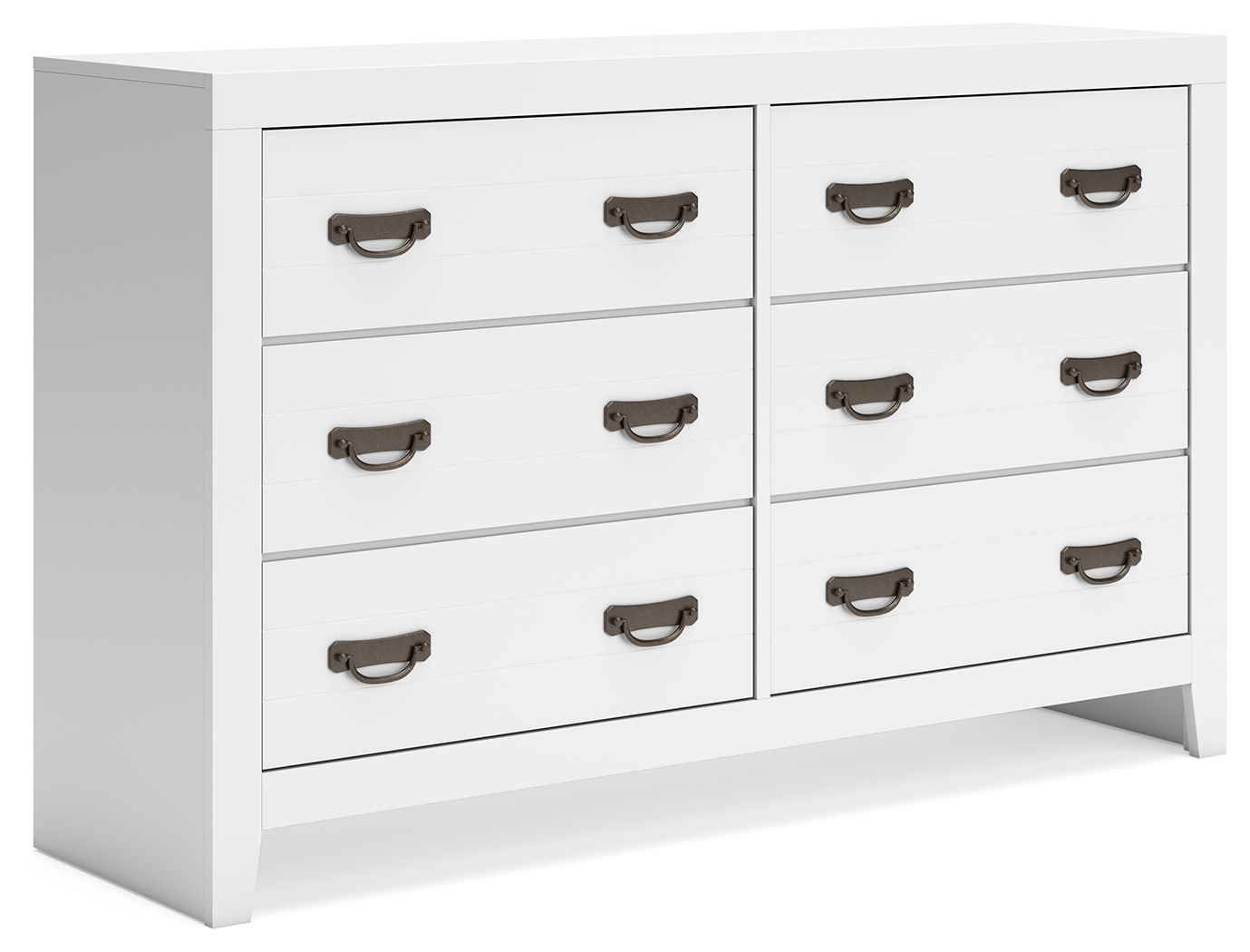 White dresser with multiple drawers and dark metal pull handles