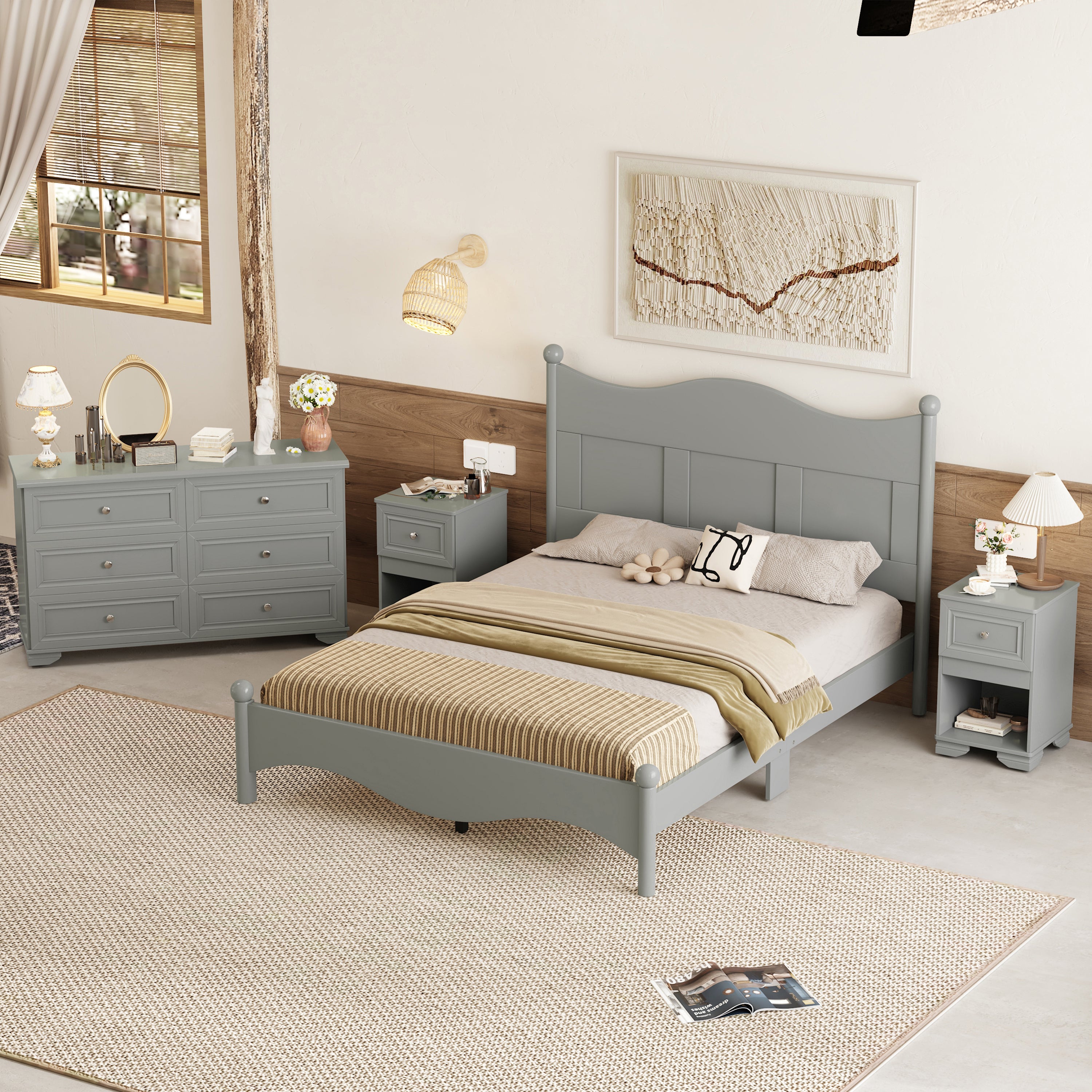 Retro Bedroom Set - Queen Bed, Nightstand, Dresser
