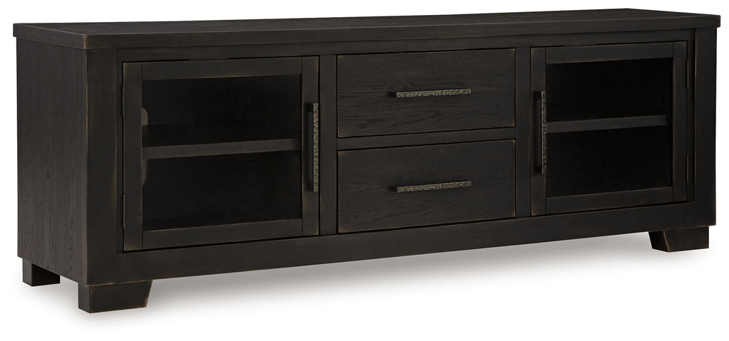 Extra large black TV stand with two drawers and two glass-front cabinet doors