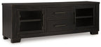 Extra large black TV stand with two drawers and two glass-front cabinet doors