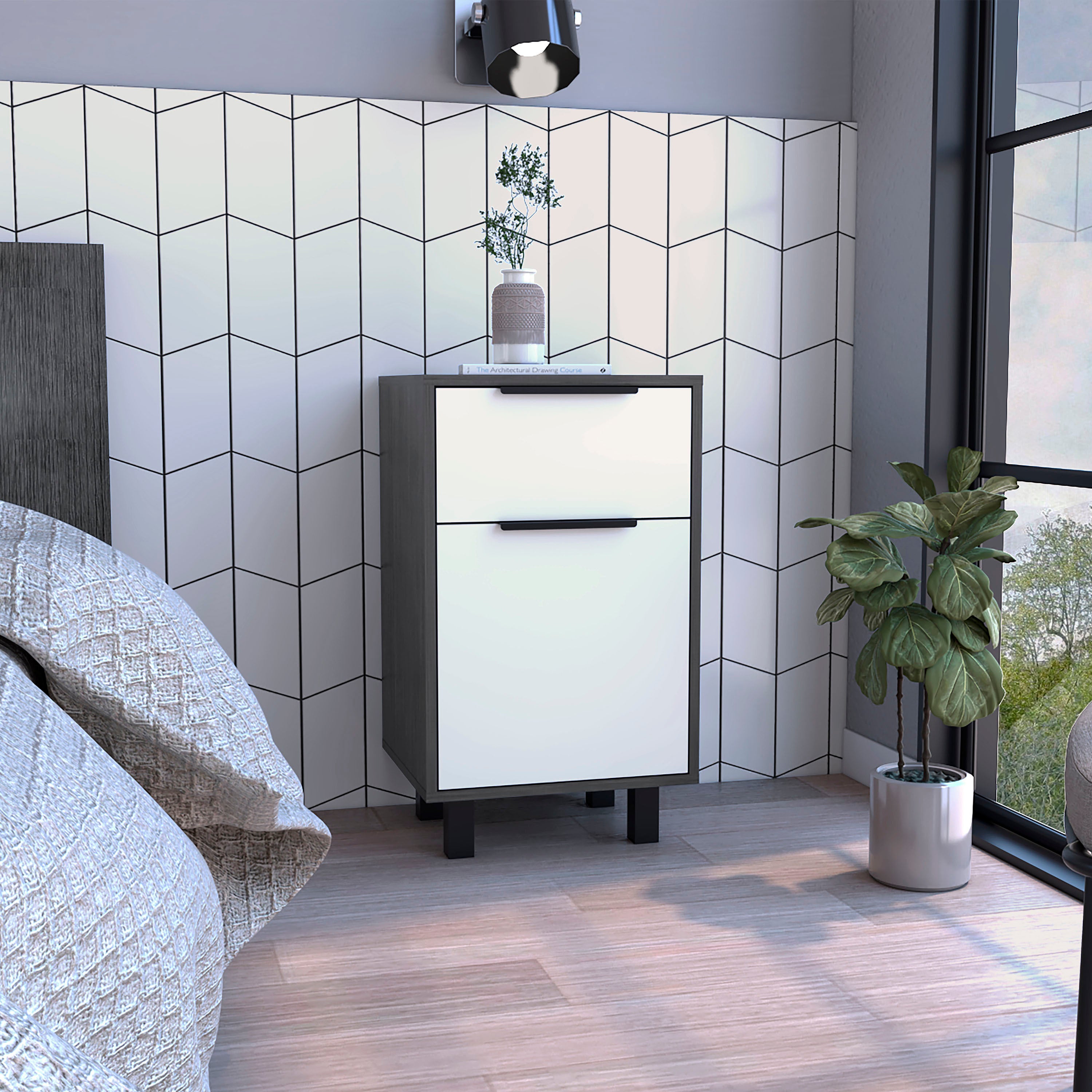 Kaia Z Nightstand - Oak/White - 1 Drawer, 1 Cabinet