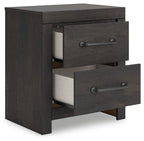 Two-drawer nightstand in dark gray with one drawer open showing interior
