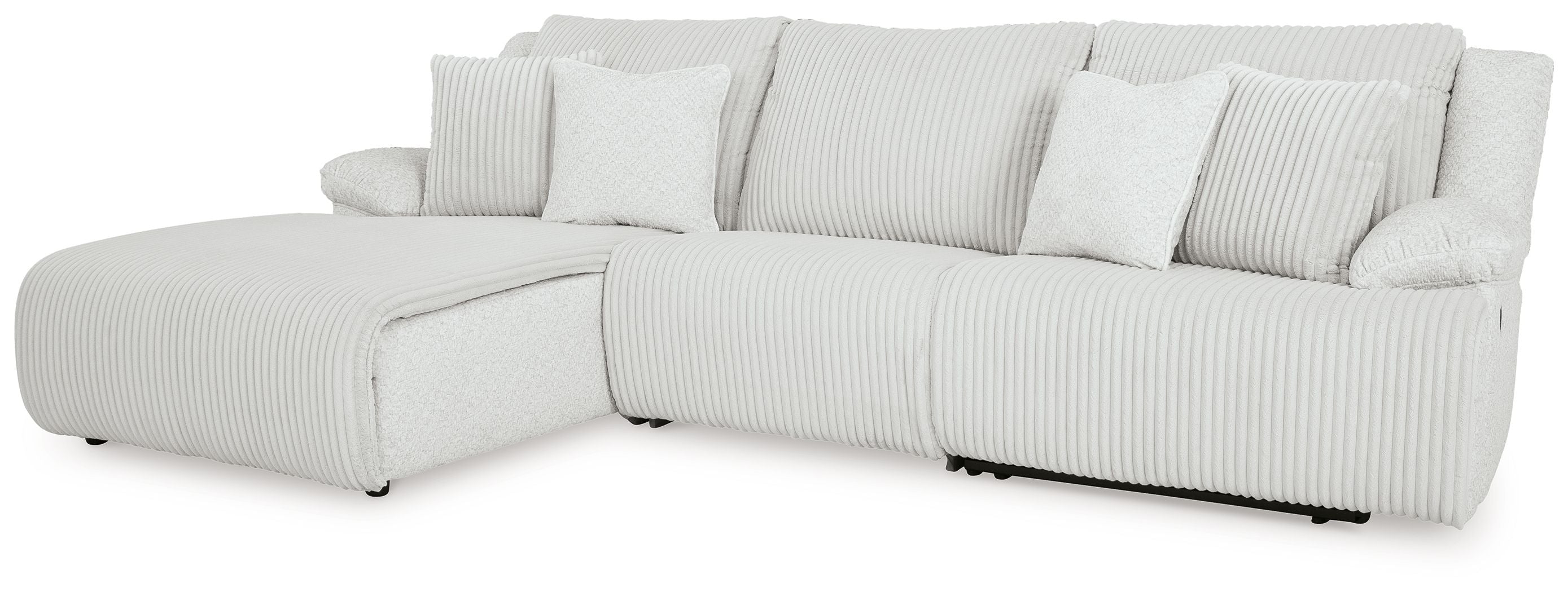 White striped reclining sectional sofa with chaise end and padded armrests