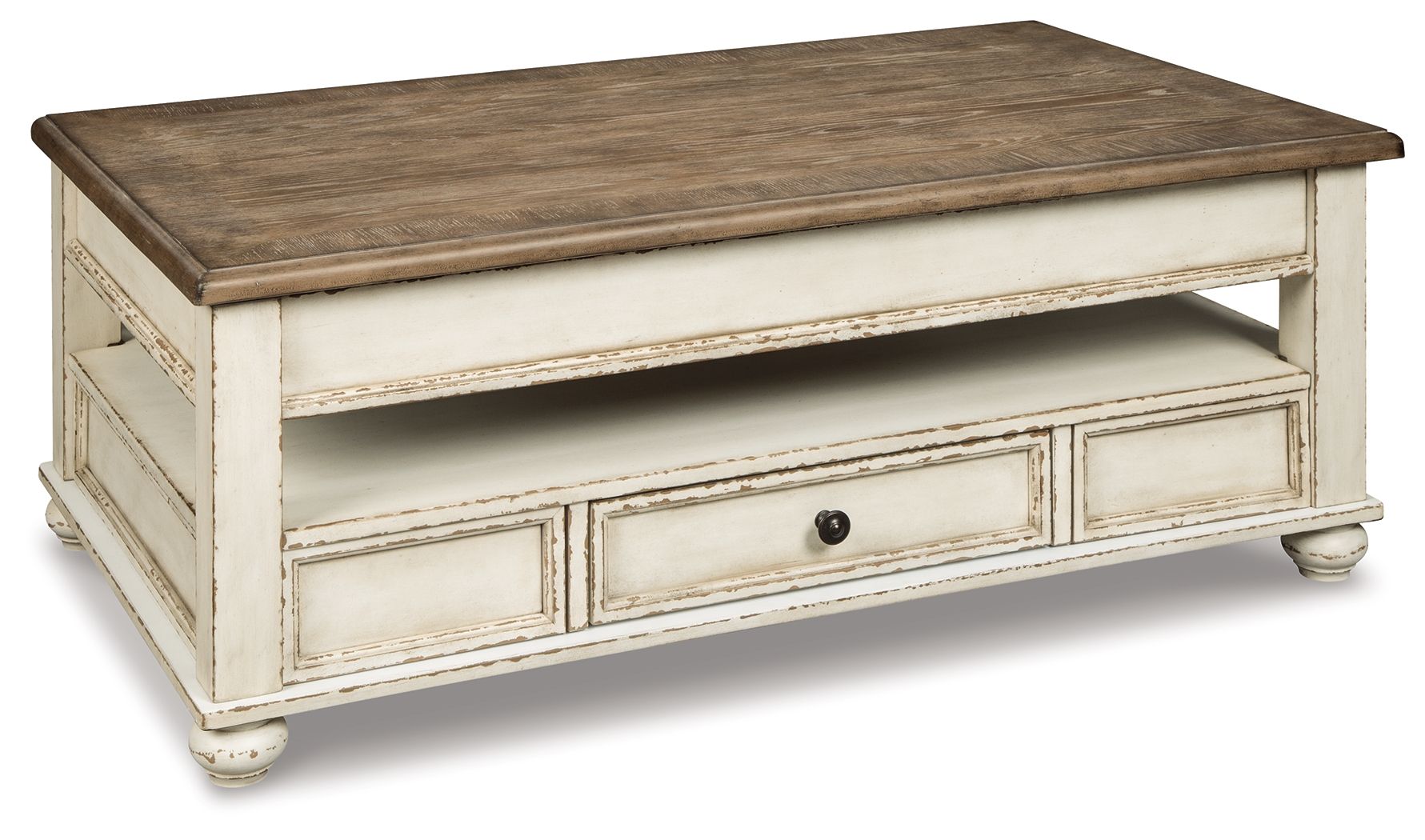 Lift-top cocktail table, dark wood top, white base with drawer and paneled doors.