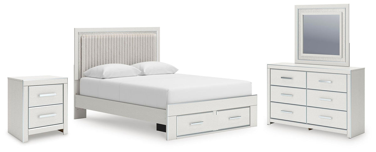 White storage bedroom set featuring bed with drawers, dresser mirror, and nightstand