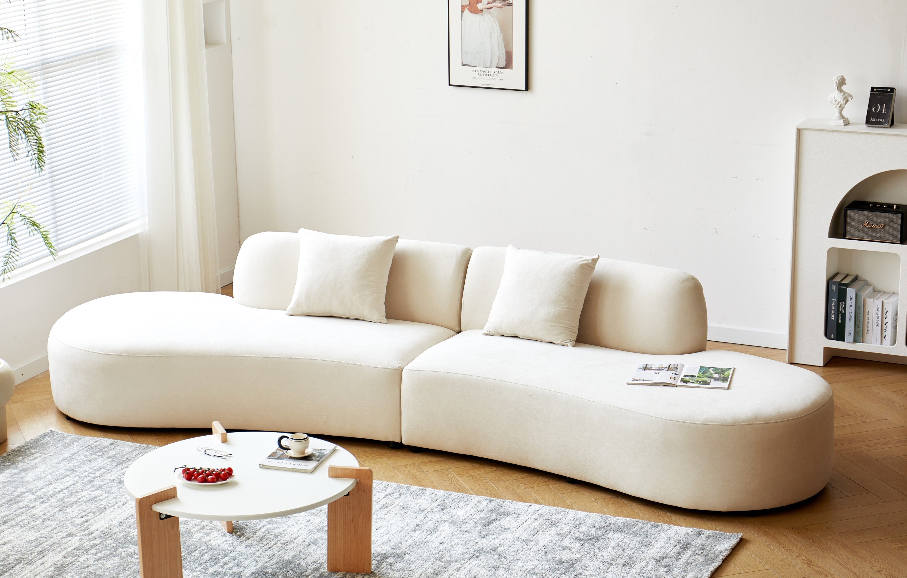Modern Ivory Curved Velvet Sofa, 6-Seater Luxury Half Moon