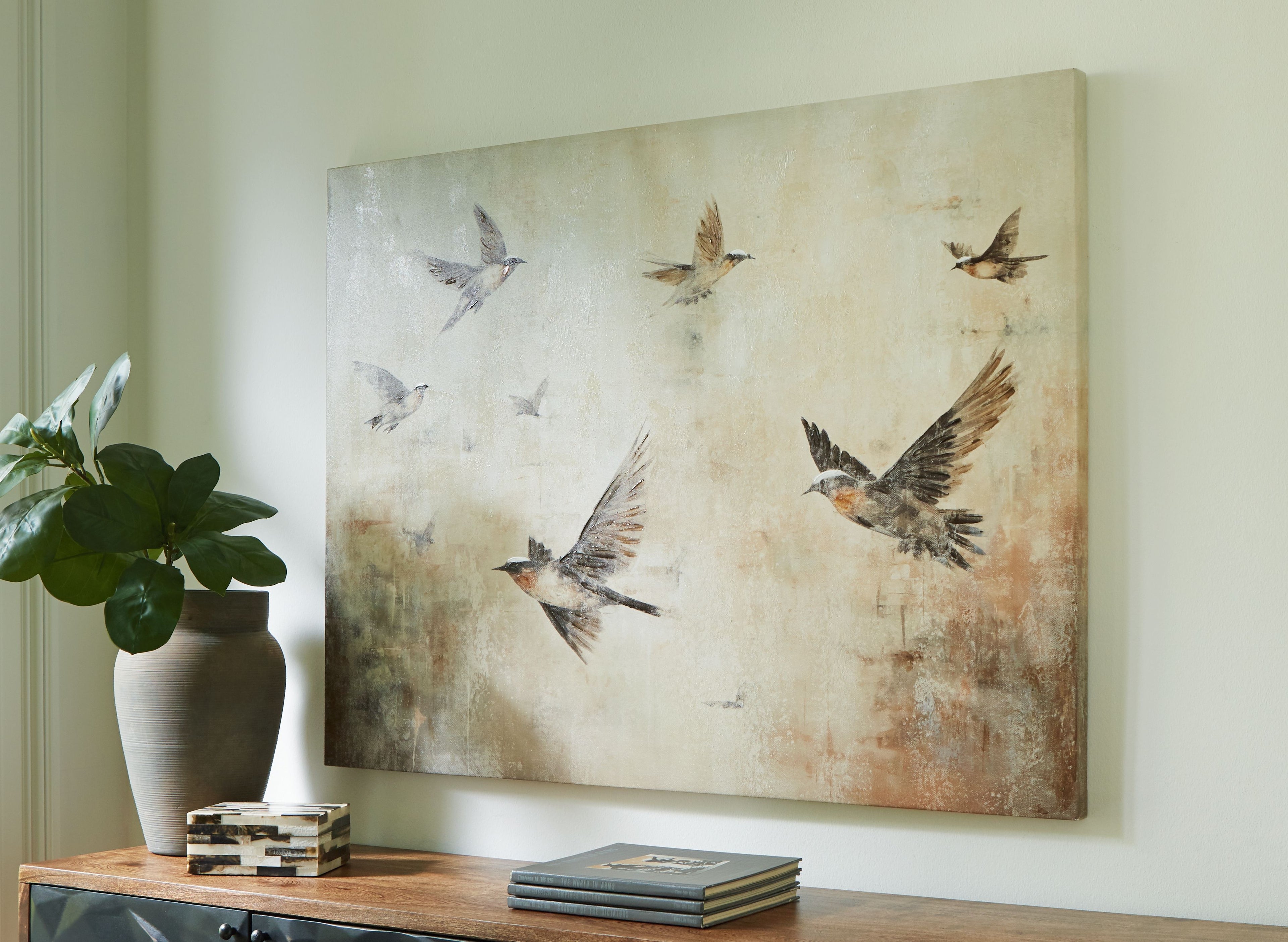 Bird wall art print with multiple gray and brown birds on beige abstract field