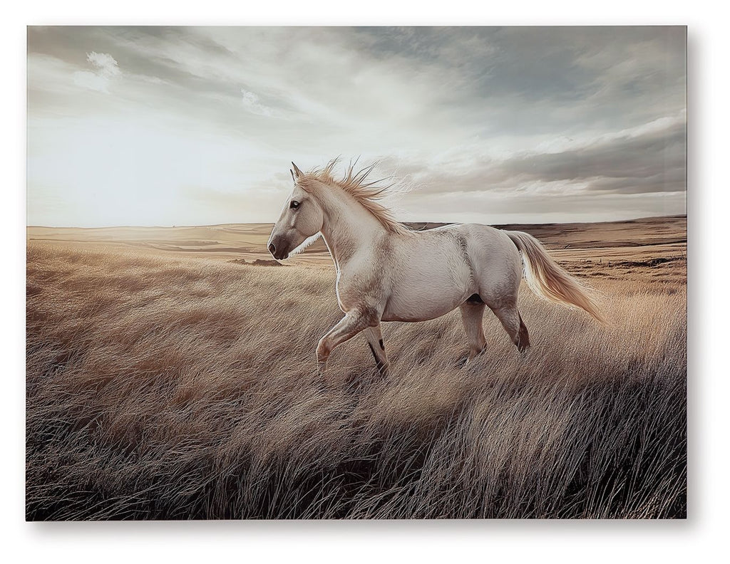 Horse and foal wall art on canvas, beige horses in grassy desert landscape