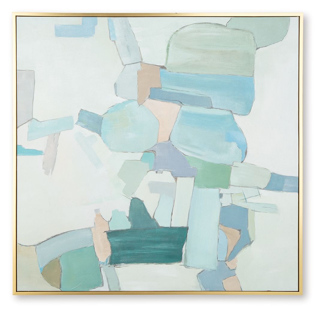 Abstract wall art with teal, blue, and white geometric blocks in a gold frame