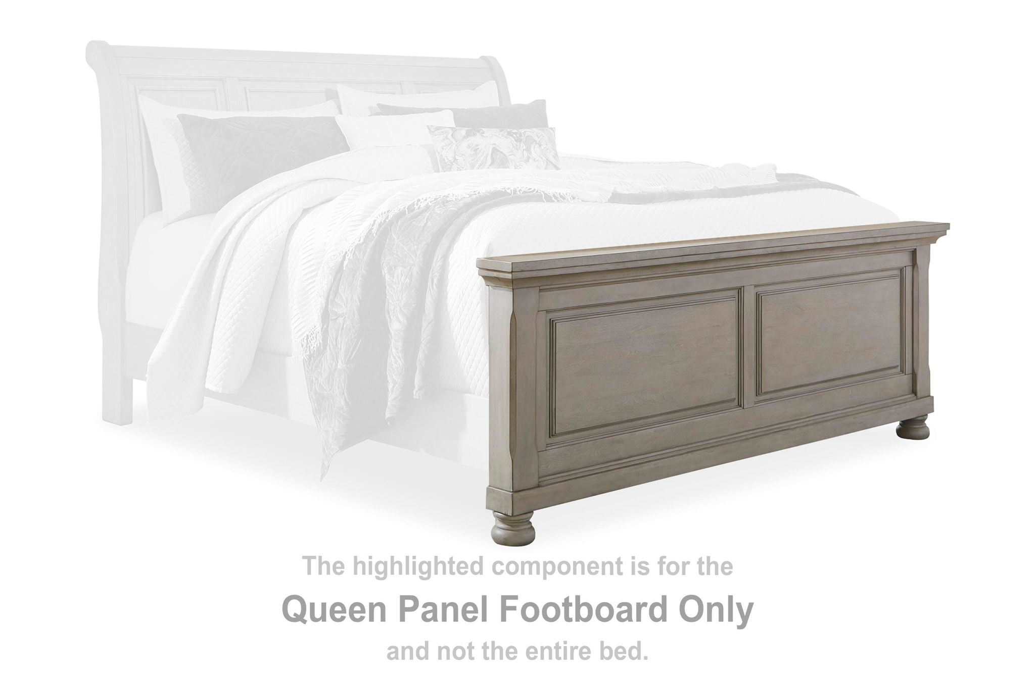 Queen panel footboard in light gray with raised panels and two cabinet doors.
