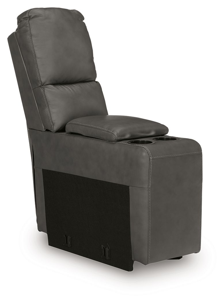 Dark gray upholstered console chair with padded back and flip-up storage seat